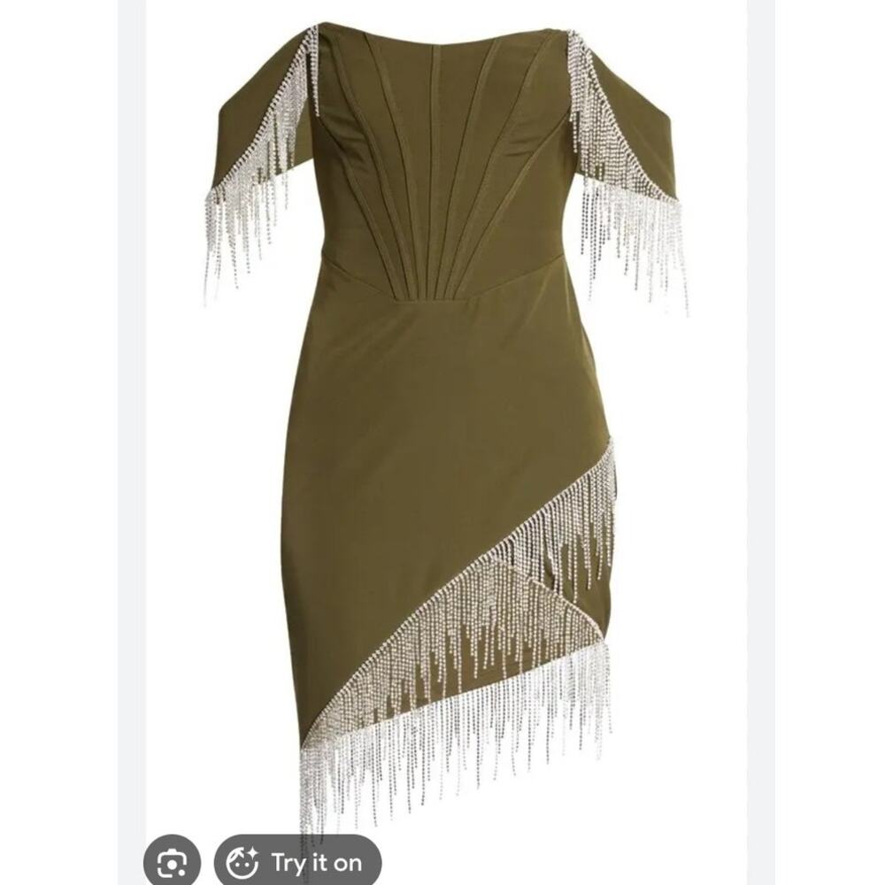 Lavish Alice Bardot Corset Mini Dress Beaded Fringe 8 Prom Swiftie Bling Khaki - Picture 5 of 13